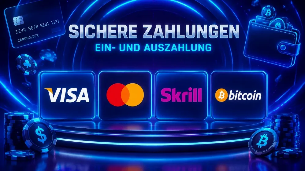 Logos von Visa, Mastercard, Skrill und Bitcoin nebeneinander